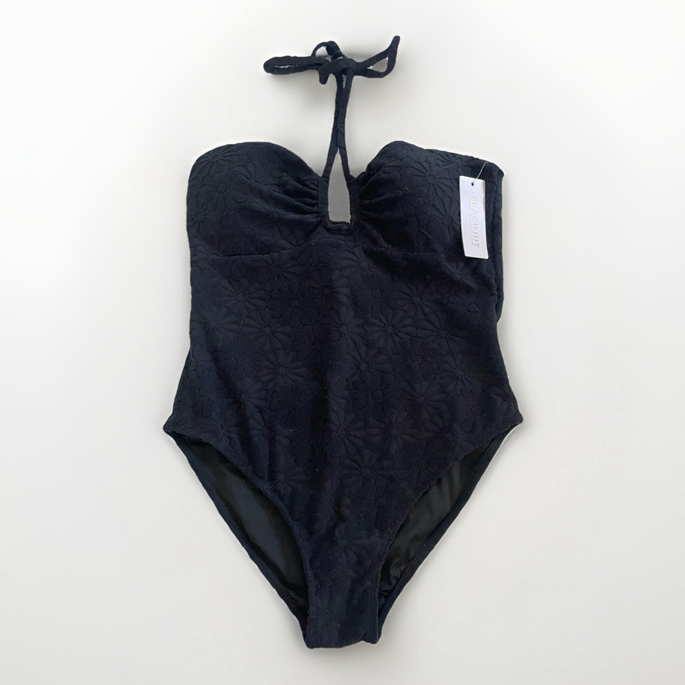 Beach Joy Bikini Black Flower Textured One Piece Swimsuit New with Tag Medium